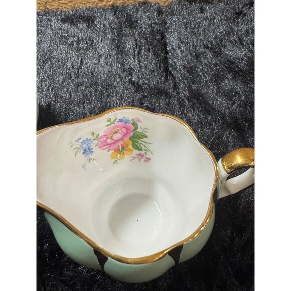 Vintage Queen Anne Bone China Creamer & Sugar Bowl Set Mint Green Floral Inside - Picture 4 of 8